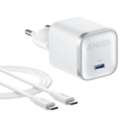 شاحن أنكر 30 واط (Anker 30W) مع سلك USB-C مدمج - شحن سريع بتقنية PD - تصميم مدمج - نظام حماية متقدم - أبيض/أسود