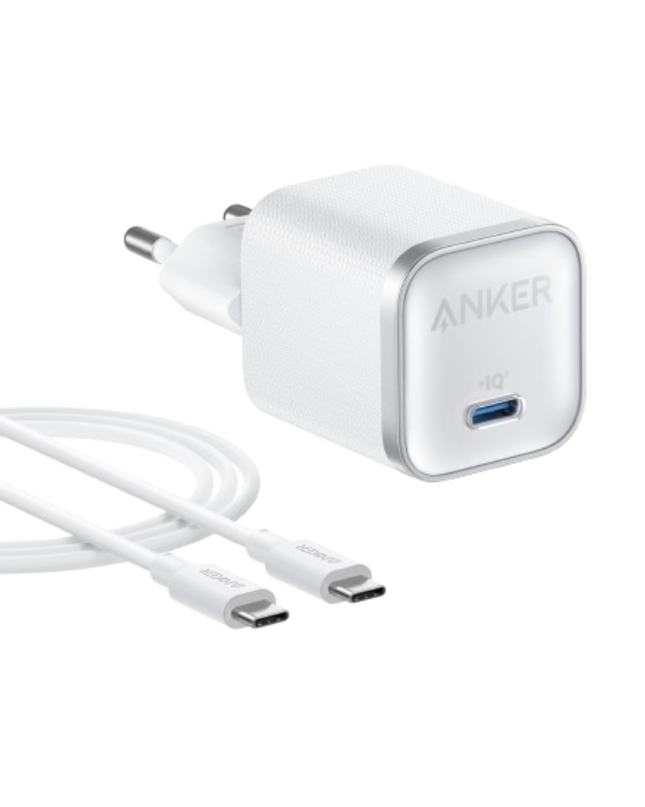 شاحن أنكر 30 واط (Anker 30W) مع سلك USB-C مدمج - شحن سريع بتقنية PD - تصميم مدمج - نظام حماية متقدم - أبيض/أسود