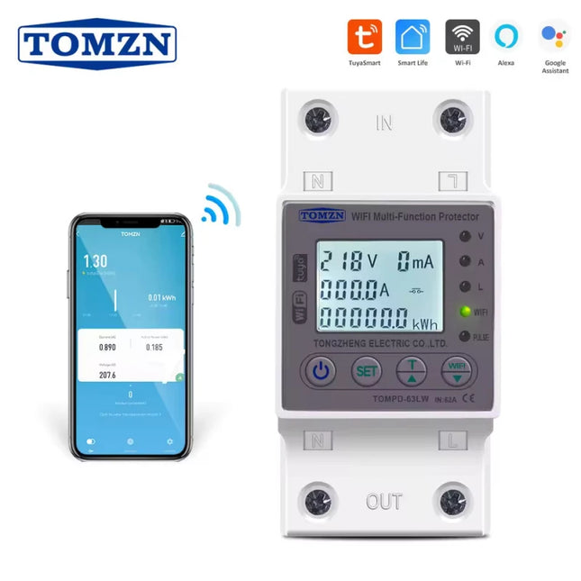 Tomzn - WIFi Smart Meter - With Over/Under Voltage and Current Protector and earth leakage protection -  2P 63A