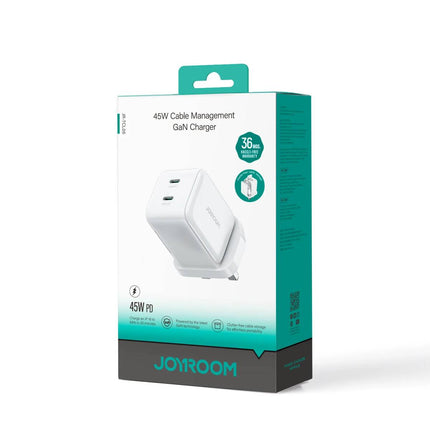 رأس شاحن جداري جوي رووم (Joyroom) موديل JR-TCL05 - قوة 45 واط GaN - منفذين تايب سي (Type-C) - كفالة 18 شهراً - لون أبيض