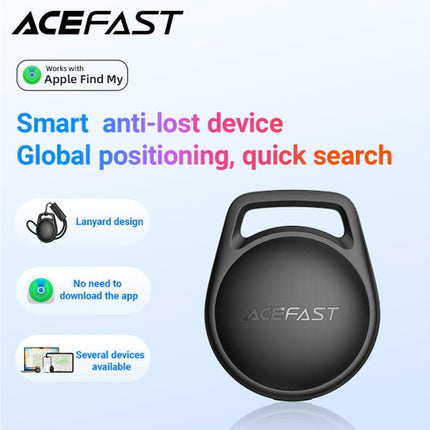 Acefast T8 Smart Bluetooth Tracker, Apple Find My Compatible (MFi), Anti-Lost Key Finder & Bag Tracker, Global Positioning & Siri Support - Black