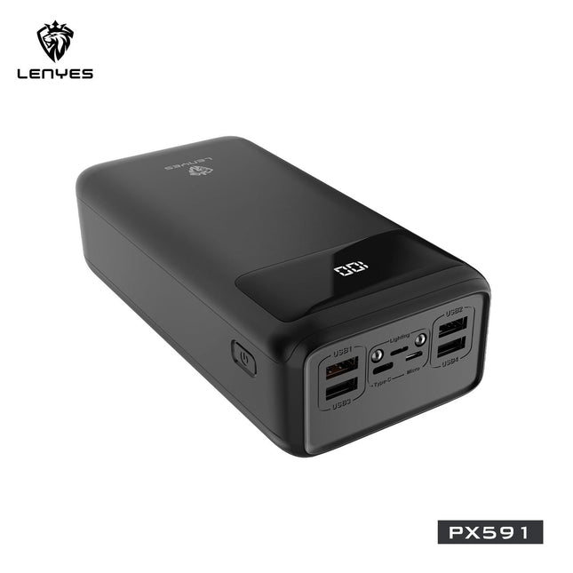 Lenyes PX591 High Capacity Power Bank - 50000mAh - 22.5W Super Fast Charging - PD 20W Quick Charge - Multi-Port Output - LED Digital Display - Integrated Flashlight - Black