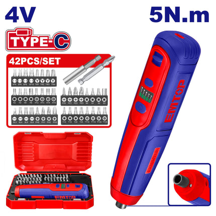EMTOP 4V Cordless Screwdriver with 42-Piece Accessory Set