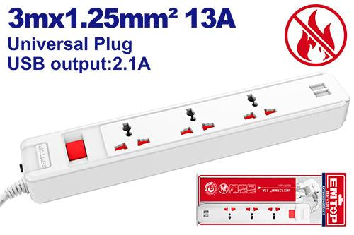 EMTOP EEST313U01 – MK Power Strip with 3 Outlets + 2 USB Ports (3m Cable)