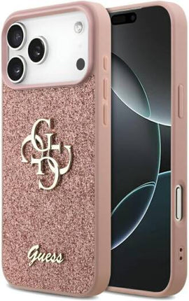 كفر جيس (Guess) بريق "Glitter" مع شعار 4G المعدني الكبير للايفون 17 برو و17 برو ماكس - زهري