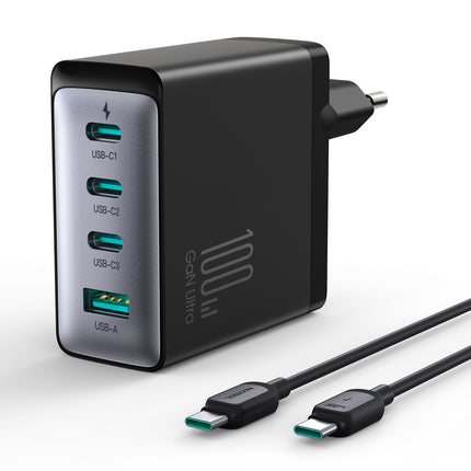 GaN Ultra JR-TCG04EU 100W 3C1A Fast Charger-Black+100W C to C Cable 1.2m-Black (EU)
