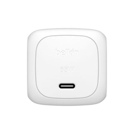 شاحن بيلكن (Belkin) جداري مزدوج بقوة 65 واط بتقنية GaN ومنفذي USB-C، يدعم الشحن السريع للماك بوك، الآيفون، وسامسونج، توزيع ذكي للطاقة (45W+20W) - أبيض
