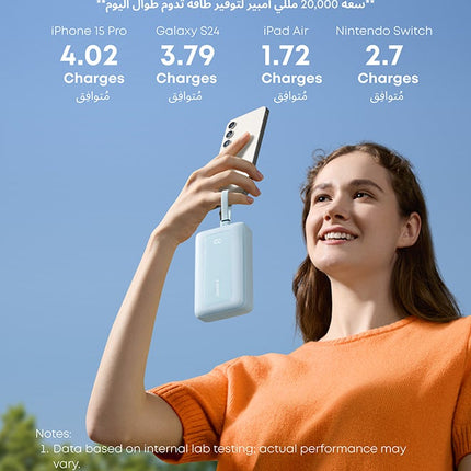 باور بانك Anker Zolo بسعة 20,000 mAh مع شحن سريع 30W وكابلات USB-C و Lightning مدمجة