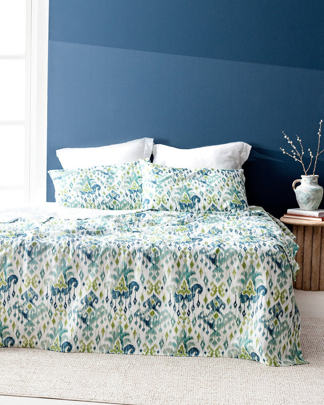 Desire King Size Cotton Card Printed Coverlet Set Mint Green