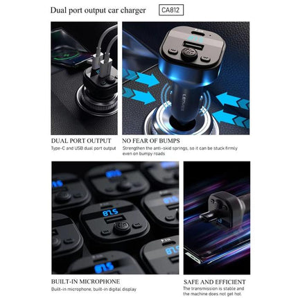 شاحن سيارة وجهاز بث لينييس (Lenyes) موديل CA812 - بلوتوث 5.3 - منفذين شحن USB و Type-C PD - ميكروفون للمكالمات - إضاءة RGB - لون أسود