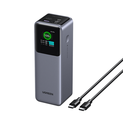 بنك طاقة يوجرين (UGREEN) سلسلة Nexode بسعة 25,000 مللي أمبير وقوة 200 واط - شحن سريع - شاشة رقمية ذكية - 3 منافذ شحن - رمادي