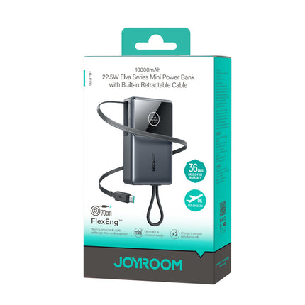 بنك طاقة (باور بانك) جوي رووم (Joyroom) موديل JR-PR1 - سعة 10000 مللي أمبير - قوة 22.5 واط - كابل تايب سي مدمج قابل للسحب - شاشة رقمية 