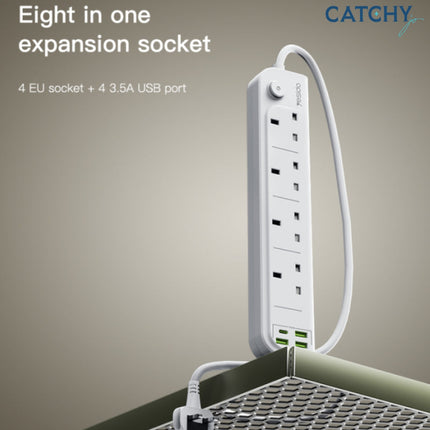 Yesido MC27 Multi-Function Power Strip, 4 Universal AC Outlets & 4 USB Ports (PD + QC 3.0), 3250W High Power Extension Lead with Surge Protection -  White