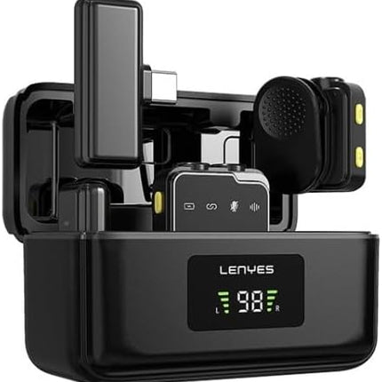 Lenyes LM205 2-in-1 Wireless Lavalier Microphone with Lightning & Type-C Connectors, AI Noise Cancellation & 2.4GHz Plug-and-Play Receiver - Black