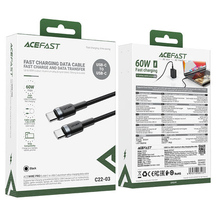 Acefast C6-03 USB-C to USB-C Fast Charging Data Cable (1.2m), 60W PD Charging, Durable High-Density Braided Nylon Sync & Charge Cable - Black