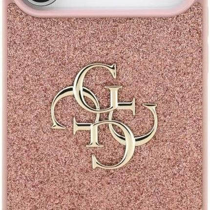 كفر جيس (Guess) بريق "Glitter" مع شعار 4G المعدني الكبير للايفون 17 برو و17 برو ماكس - زهري