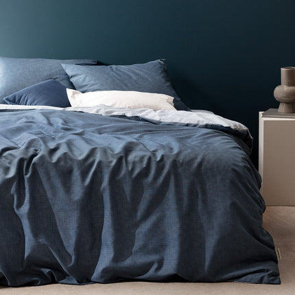 Juin Cotton Single Duvet Cover Set - Navy Blue Print