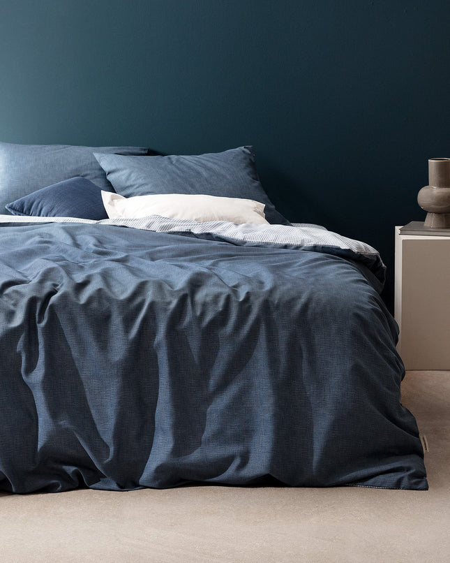 Juin Cotton Single Duvet Cover Set - Navy Blue Print