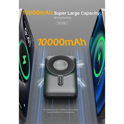 Lenyes PW1006D Magnetic Wireless Power Bank - 10000mAh - PD 27W Fast Charging - 15W MagSafe Compatible Wireless Charging - Built-in Phone Stand - Digital Display - Black
