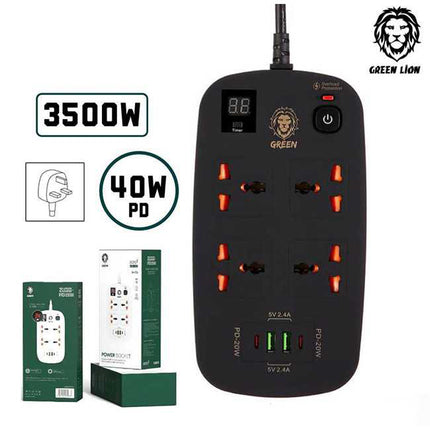 Green Lion Multiport Smart Power Socket - 4 AC Outlets - 40W PD USB-C & USB Ports - 3500W Max Power - 3M Cable - Black