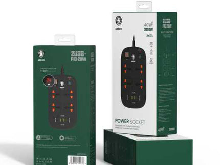 Green Lion Multiport Smart Power Socket - 4 AC Outlets - 40W PD USB-C & USB Ports - 3500W Max Power - 3M Cable - Black