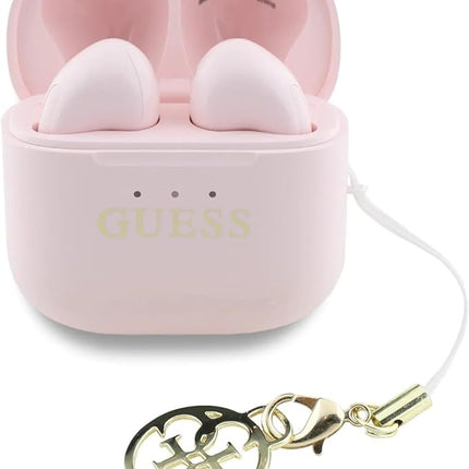 سماعات جيس (Guess) لاسلكية TWS بمظهر لامع مع شعار كلاسيكي وتعليقة أنيقة - أسود وزهري