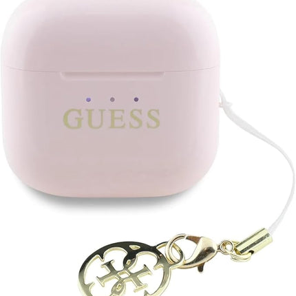 سماعات جيس (Guess) لاسلكية TWS بمظهر لامع مع شعار كلاسيكي وتعليقة أنيقة - أسود وزهري