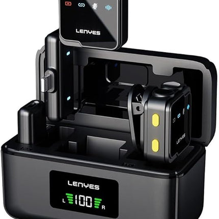Lenyes LM205 2-in-1 Wireless Lavalier Microphone with Lightning & Type-C Connectors, AI Noise Cancellation & 2.4GHz Plug-and-Play Receiver - Black