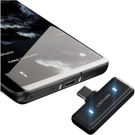 Lenyes LM205 2-in-1 Wireless Lavalier Microphone with Lightning & Type-C Connectors, AI Noise Cancellation & 2.4GHz Plug-and-Play Receiver - Black