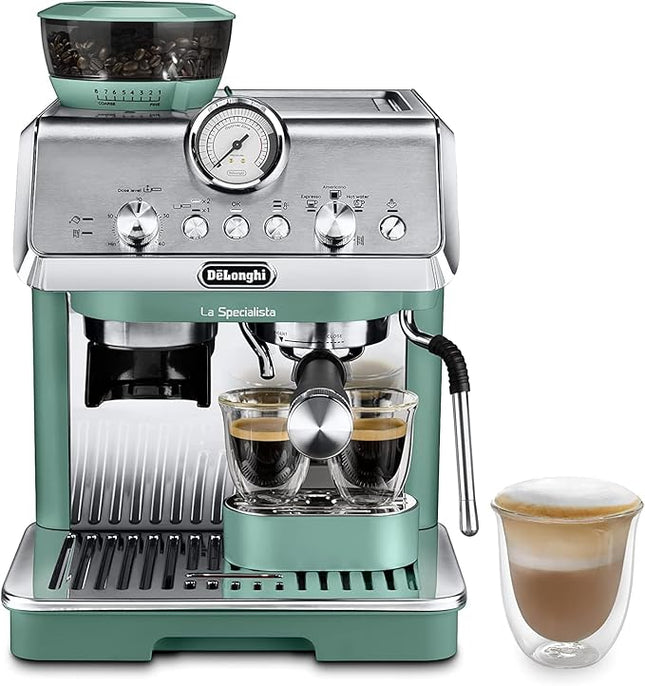 10.12.24.0024DelonghiDe'Longhi La Specialista Arte EC9155.GR, Barista Pump Espresso Machine, Bean to Cup Coffee and Cappuccino Maker, 8 Grinding Settings, MyLatte Art Frothing Wand, 1550W, Green
