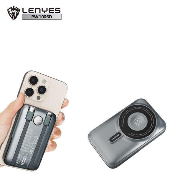 Lenyes PW1006D Magnetic Wireless Power Bank - 10000mAh - PD 27W Fast Charging - 15W MagSafe Compatible Wireless Charging - Built-in Phone Stand - Digital Display - Black