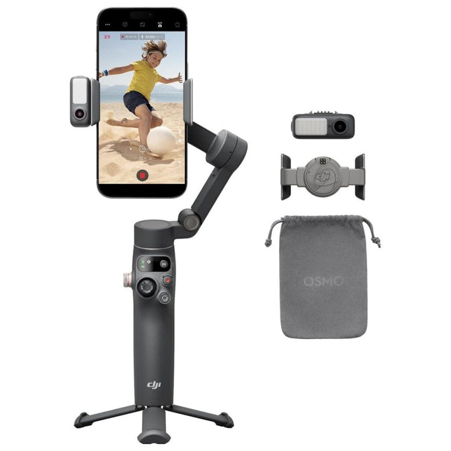 مانع اهتزاز دي جي آي (DJI) موديل Osmo Mobile 7P للموبايل - مزود بإضاءة تتبع ودعم للميكروفون - تثبيت 3 محاور - تصميم قابل للطي - لون رمادي