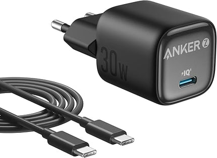 شاحن أنكر 30 واط (Anker 30W) مع سلك USB-C مدمج - شحن سريع بتقنية PD - تصميم مدمج - نظام حماية متقدم - أبيض/أسود