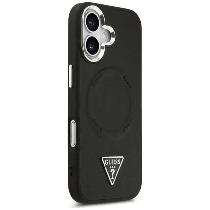Guess MagSafe PU Leather Case with Triangle Logo & Silver Metal Camera Frame for iPhone 17 Series - Black