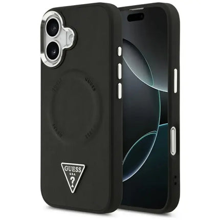 Guess MagSafe PU Leather Case with Triangle Logo & Silver Metal Camera Frame for iPhone 17 Series - Black