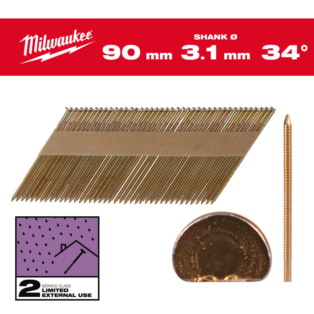 مسامير مضلعة Milwaukee 34° D-Head مقاس 90 مم، مطلية بالزنك (3000 قطعة) مسامير مضلعة Milwaukee 34° D-Head مقاس 90 مم، مطلية بالزنك (3000 قطعة)