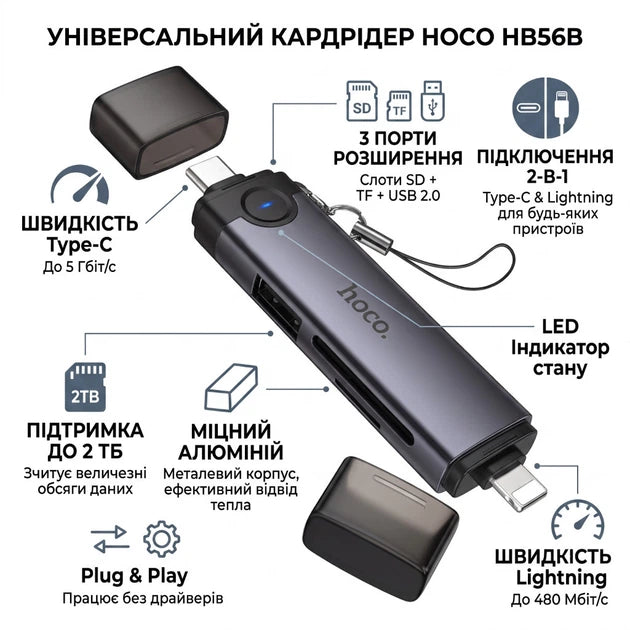 Hoco Victory 3-in-1 Card Reader Type-C Lightning