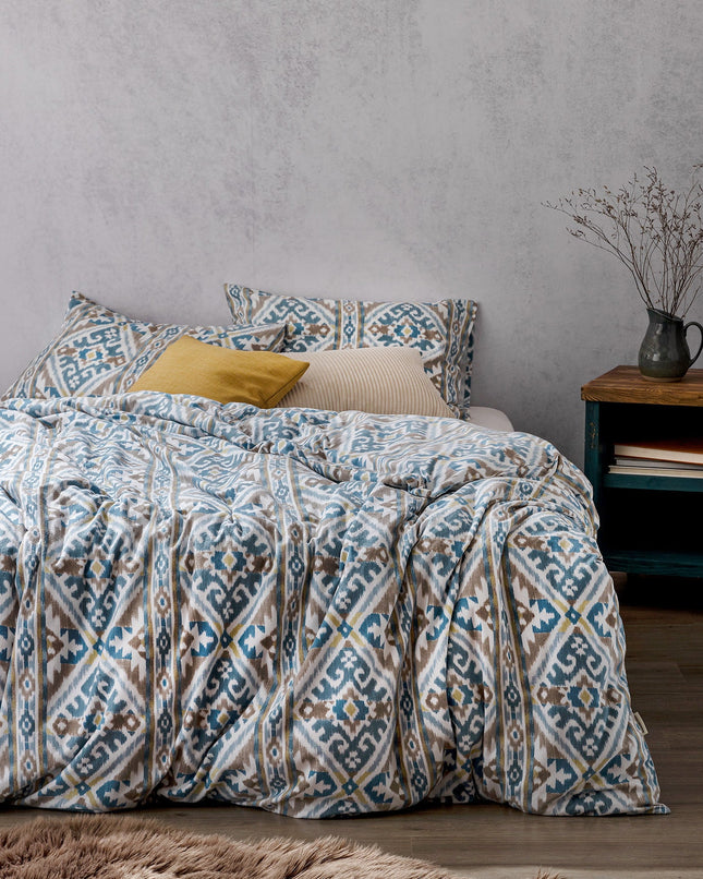Aron Double Duvet Cover Set Turquoise/Beige Cotton Flannel