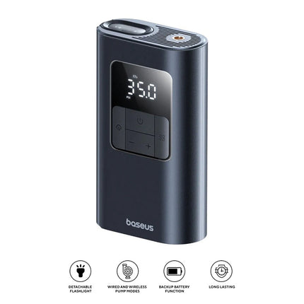 Baseus PrimeTrip VA1 Smart Tire Inflator - 2-in-1 Wired & Wireless Operation - 7500mAh Battery - 150PSI Max Pressure - Dual Digital Display - Auto-Stop Function - LED Flashlight - Black
