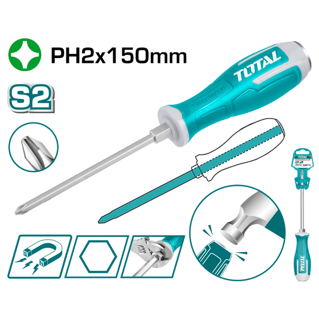 Total THGSPH21506 Phillips Go-Through Screwdriver PH2×150 mm