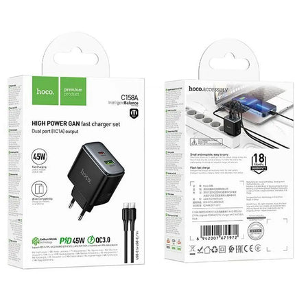 Hoco C158A 45W PD Fast Charger Dual Port EU Plug