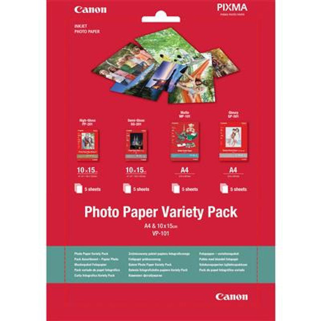 Canon VP-101 Photo Paper Variety Pack - Includes 4x6 Inch and A4 Sizes - High Glossy Finish - Compatible with Inkjet & Ink Tank Printers - 20 Sheets Total