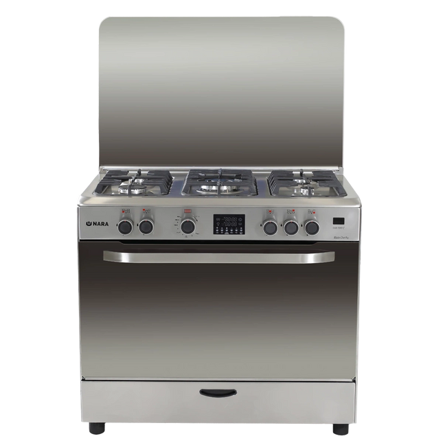 Nara Gas Cooker 90 cm 5 Gas Burners Matt Stainless steel Cast Iron Pan Support With Cooling Fan
