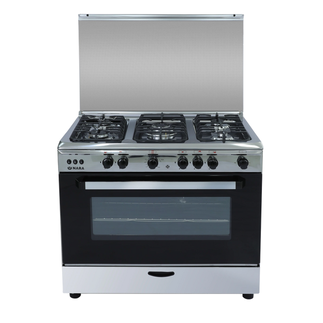 Nara Gas Cooker 90 cm Cast iron pan support Glossy stainless steel with fan