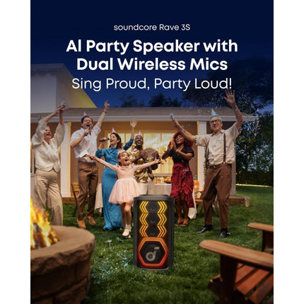 Anker Soundcore Rave 3S AI Party Speaker - 200W Output - 2 Wireless Microphones Included - AI Vocal Removal & Reverb - Immersive Light Show - 12-Hour Playtime - Portable Bluetooth PA System