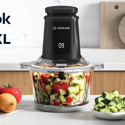 NC-CH2000 NutriCook  NutriCook 2+2 L XXXL Glass & SS Chopper and Mincer, 500W - Pulse & 2 speeds, 2-Removable 4 SS -Blade for Chopping, Ice Crushing, Meat Mincing, Grinding, Pureeing & more - Black, 2 Yr Warranty, NC-CH2000