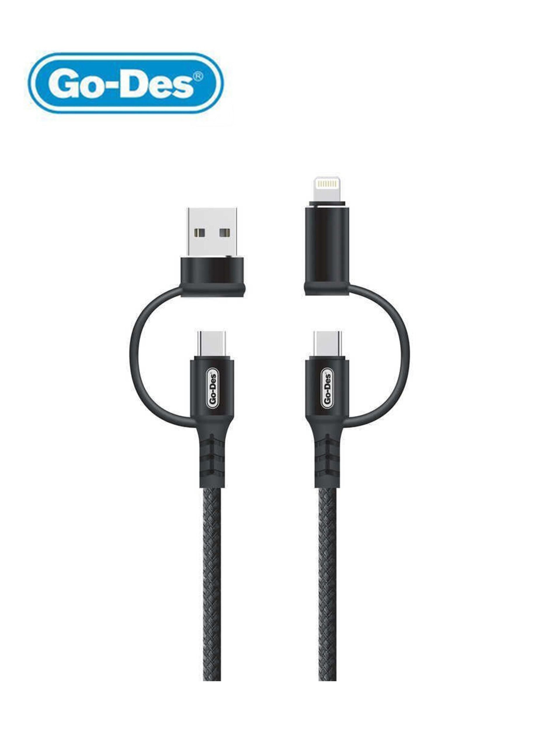 كابل شحن 4 في 1 مزود بوصلتين USB-C وUSB-A وLightning GD-UC587 كابل شحن 4 في 1 مزود بوصلتين USB-C وUSB-A وLightning GD-UC587