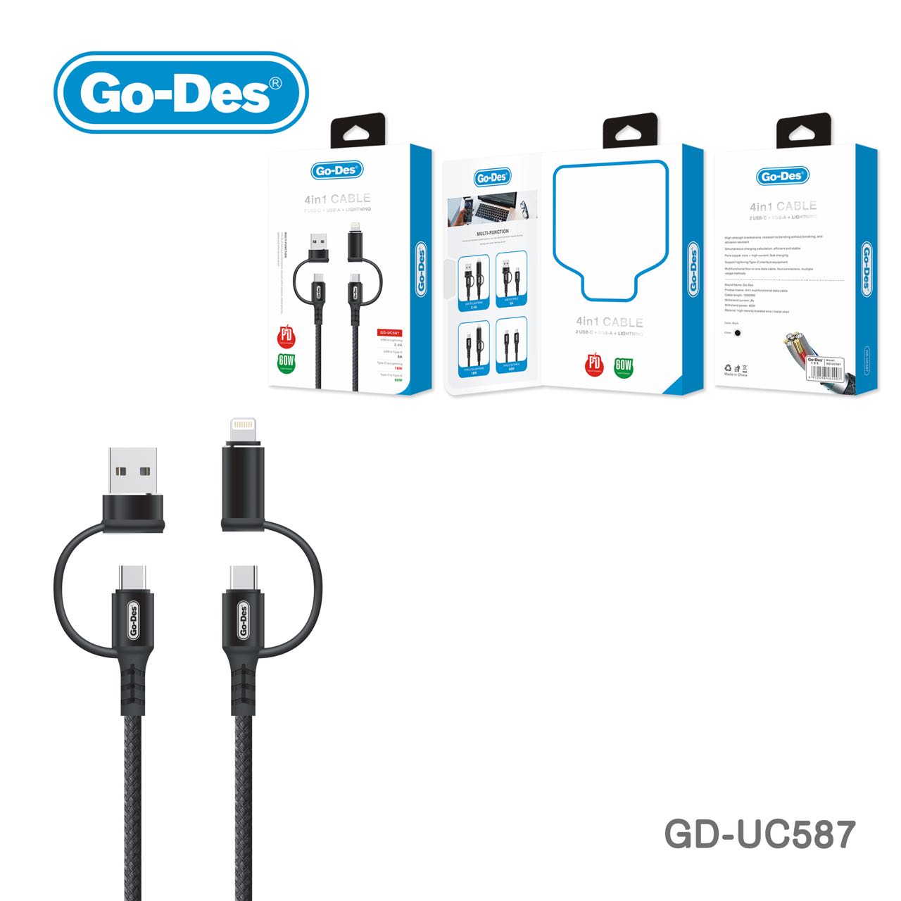 كابل شحن 4 في 1 مزود بوصلتين USB-C وUSB-A وLightning GD-UC587 كابل شحن 4 في 1 مزود بوصلتين USB-C وUSB-A وLightning GD-UC587