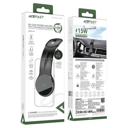Acefast D21 Magnetic Wireless Car Charger 15W, Flexible Magic Tape Dashboard Mount, MagSafe Compatible 360° Rotation Phone Holder - Black