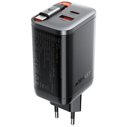 شاحن جداري أيس فاست (Acefast A111) بتقنية GaN وقوة 67W، مزود بكابل Type-C مدمج وقابل للسحب (80 سم) بـ 3 منافذ شحن للابتوب والآيفون - أسود